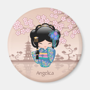 Íman Boneca de Keiko Kokeshi - menina de gueixa azul do