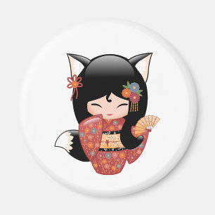 Íman Boneca de Kitsune Kokeshi - menina do Fox preto