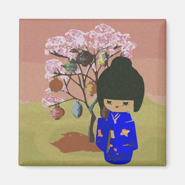 Íman Boneca-de-kokeshi com flor de cereja (Frente)