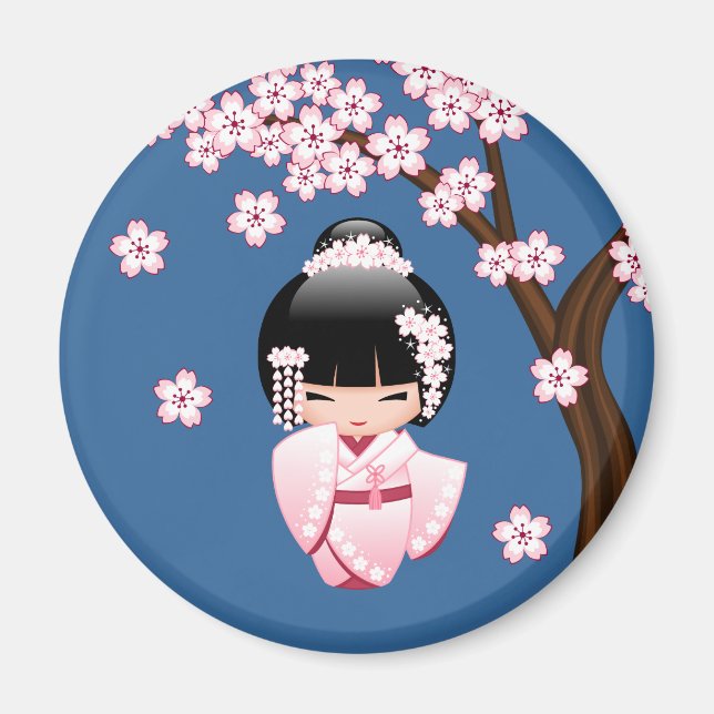 Íman Boneca Kawaii Kokeshi em Quimono Rosa em Círculo A (Frente)