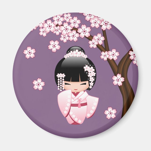 Íman Boneca Kawaii Kokeshi em Quimono Rosa em Círculo R (Frente)