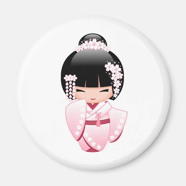 Íman Boneca Kawaii Kokeshi Quimono Rosa (Frente)