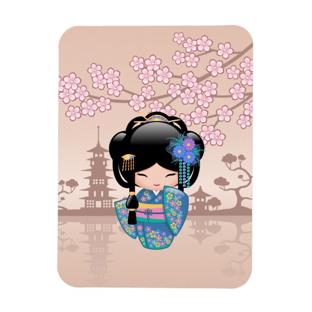 Íman Boneca Keiko Kokeshi - Rapariga Kimono Geisha Azul (Vertical)