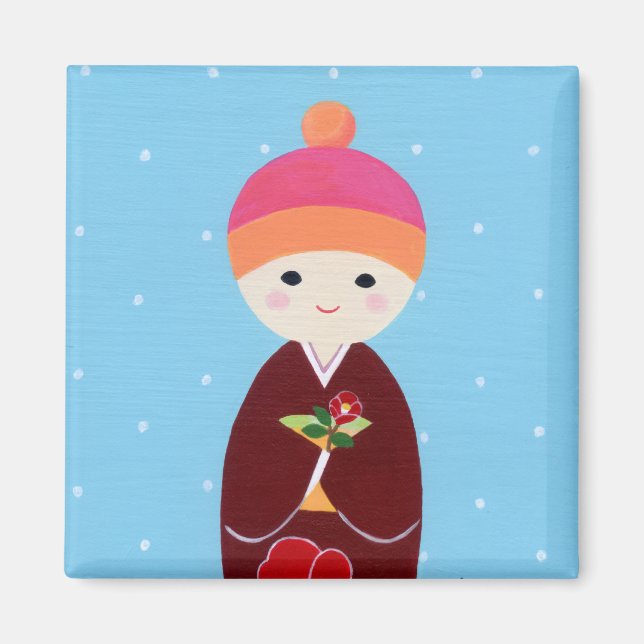 Íman Boneca Kokeshi com Camellia (Frente)