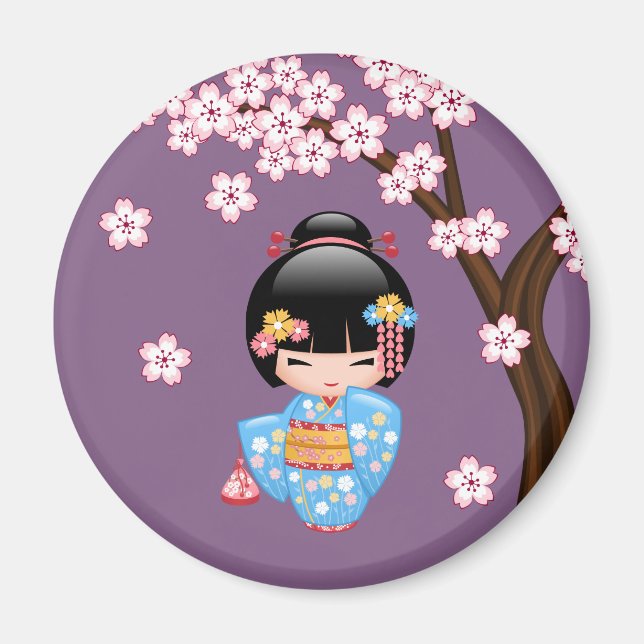 Íman Boneca Maiko Kokeshi - Rapariga Kimono Geisha Azul (Frente)