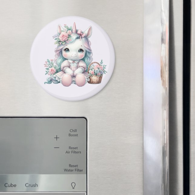 Íman Boneca Pastel Kawaii Unicórnio com Cesto de Flores (In Situ (Fridge))