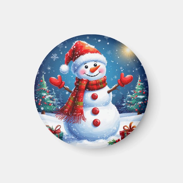 Íman Boneco de Neve Alegre Usando um Chapéu de Papai No (Frente)
