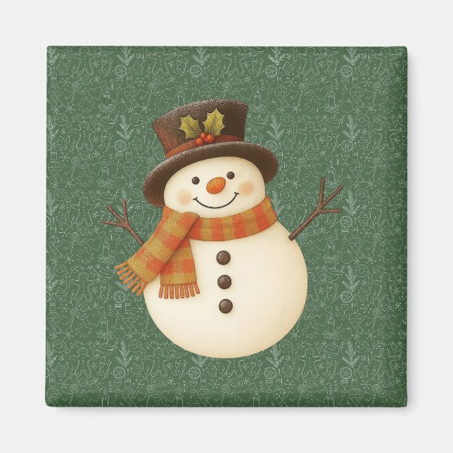 Íman Boneco de neve rústico verde vintage fofo (Frente)