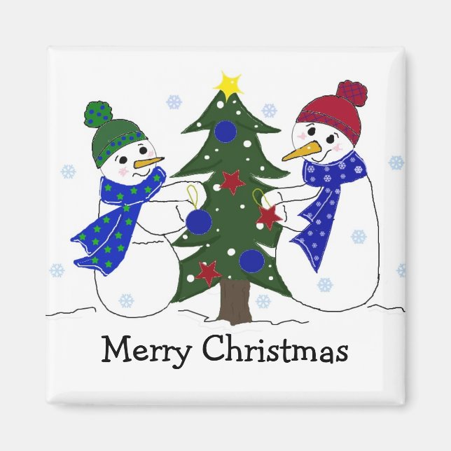 Íman Bonecos de Neve Decorando uma Árvore de Natal (Frente)