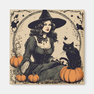 Íman Bonita Bruxa de Halloween Vintage com Gato Negro