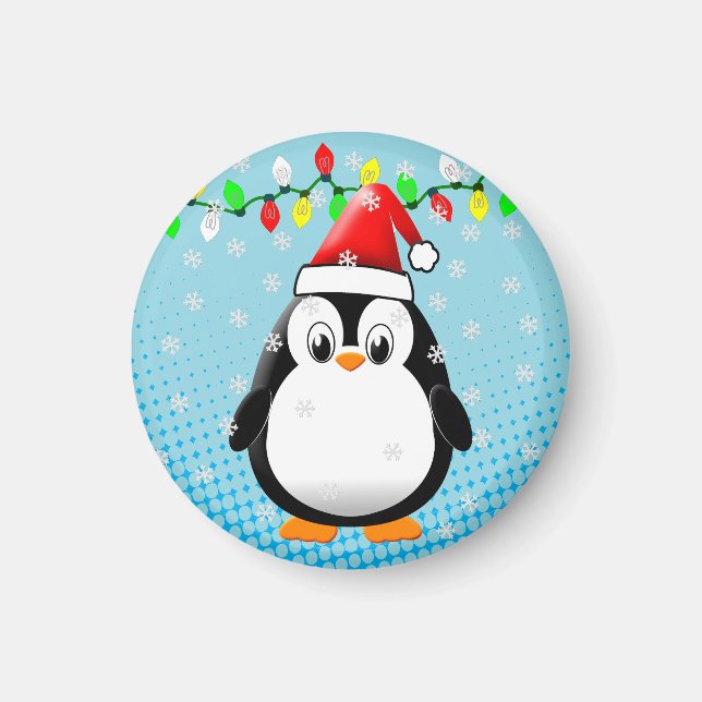 Íman Bonita Cartoon Penguin Santa Hat Luzes de Natal (Frente)