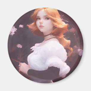 Íman Bonita Menina Entre Retrato De Flores Rosa