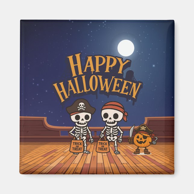 Íman bonitinho, esqueletos e abóbora no Halloween (Frente)