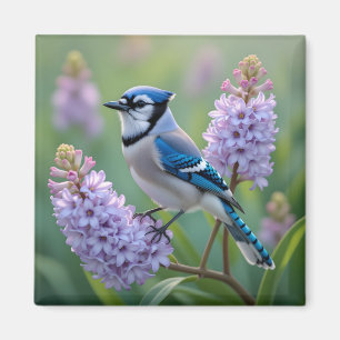 Íman Bonito Blue Jay em pé nas filiais do Lilac