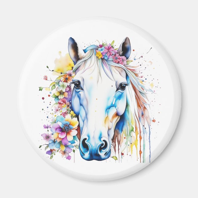 Íman Bonito Cavalo Branco Floral Personalizado (Frente)