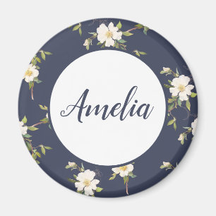 Íman Bonito Floral Personalizado de Azul Marinho e Bran
