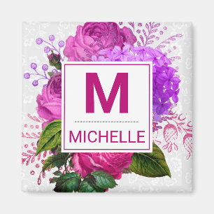 Íman Bonito Monograma das Flores Rosa e Roxo