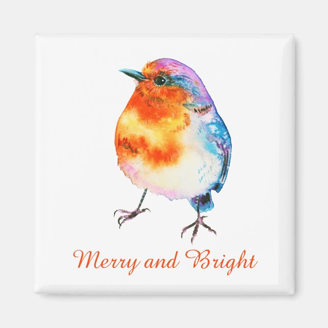 Íman Bonito Natal Robin Watercolor Feliz e Brilho (Frente)