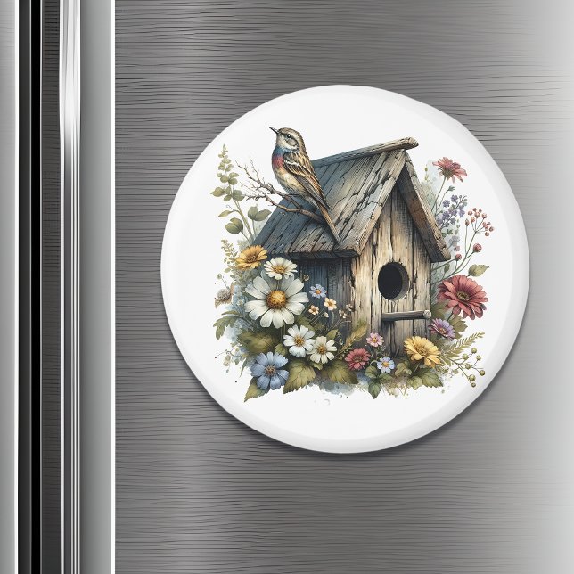 Íman Bonito Watercolor Rustic Birdhouse e Bird (Criador carregado)