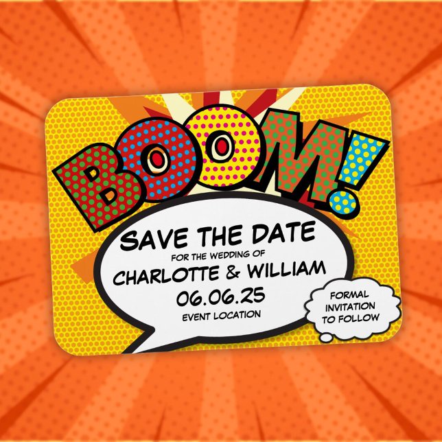 Íman BOOM Salve a Data Divertido Quadrinho Moderno (BOOM Save the Date Fun Comic Book Modern Magnet)