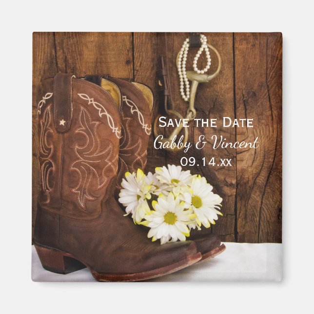 Íman Boots Daisies e Horse Bit Weding Save the Date (Frente)