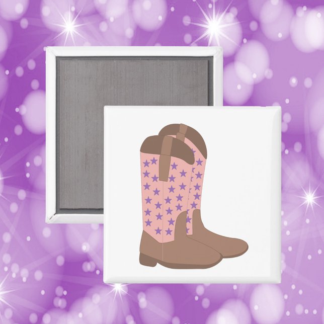 Íman Boots do Cowboy Rosa Castanho e Estrelas Roxas (A magnet with a cowboy design done in brown and pink with purple stars)