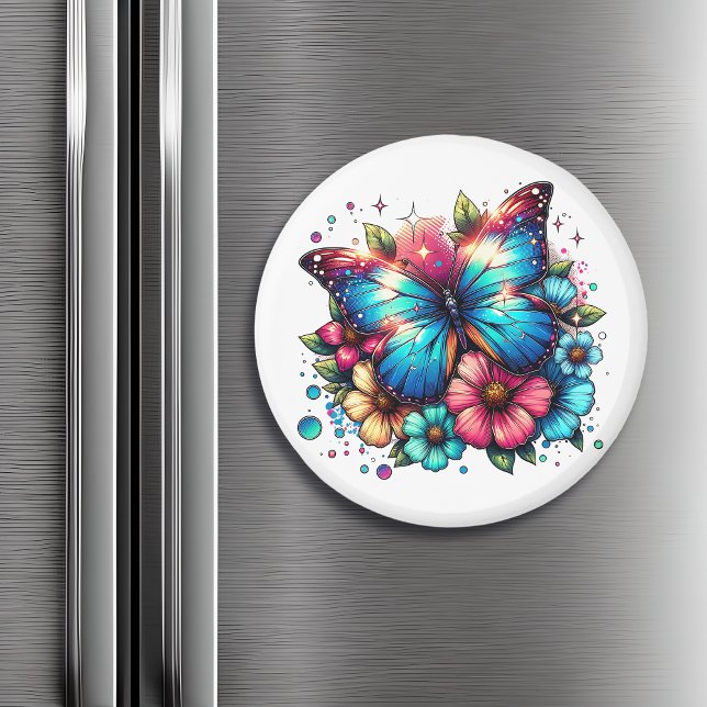 Íman Borboleta azul e flores (Criador carregado)