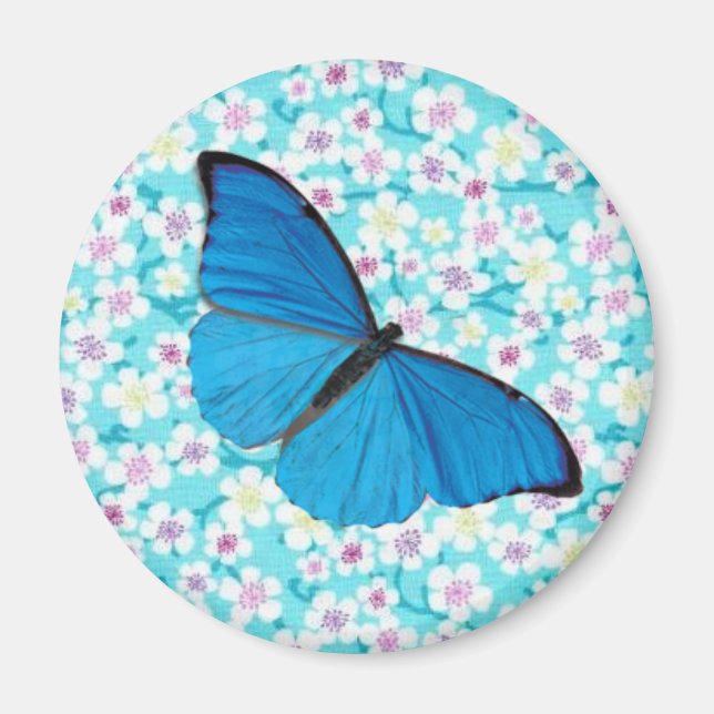 Íman Borboleta Azul no Floral Asiático (Frente)