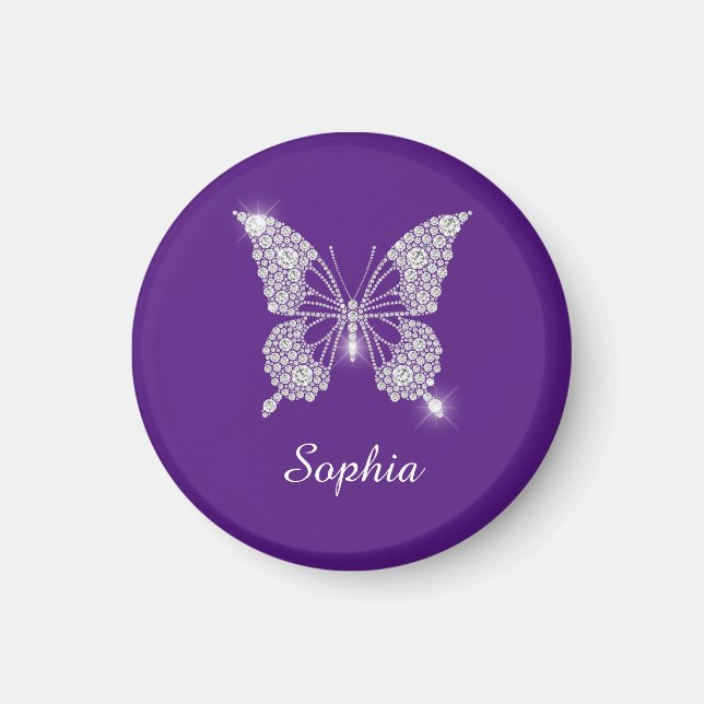 Íman Borboleta de Diamante Branco, Nome de Script, Roxo (Frente)