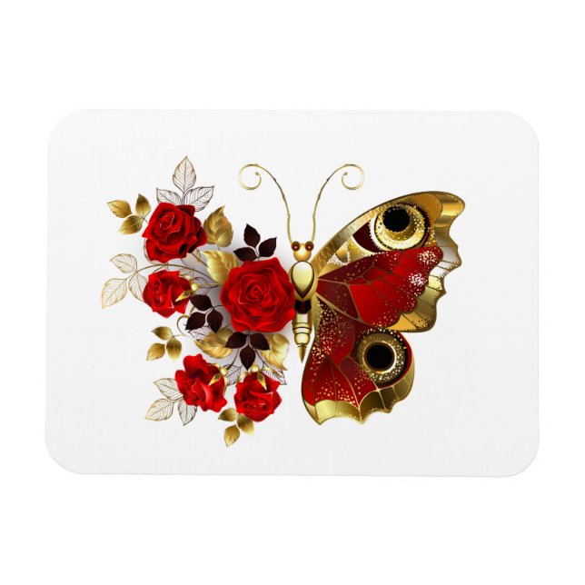 Íman Borboleta de flor vermelha com rosas vermelhas (Horizontal)