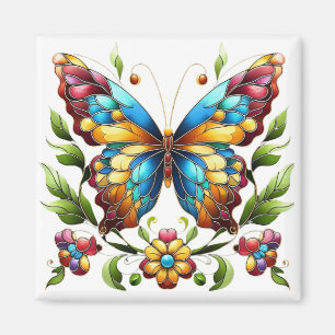 Íman Borboleta de vidro colorida com flores
