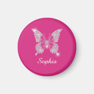 Íman Borboleta Diamante Branco, Nome em Letra, Fuchsia