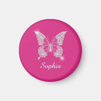 Íman Borboleta Diamante Branco, Nome em Letra, Fuchsia