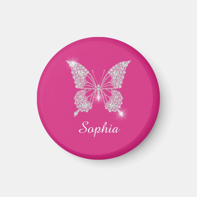 Íman Borboleta Diamante Branco, Nome em Letra, Fuchsia (Frente)