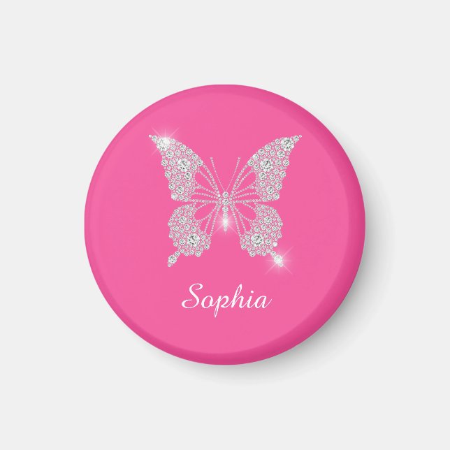 Íman Borboleta Diamante Branco, Nome em Letra, Rosa (Frente)