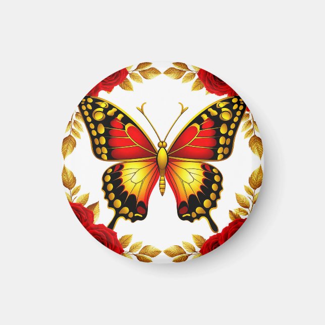 Íman Borboleta Dourada Elegante Rosa Design Floral Luxo (Frente)