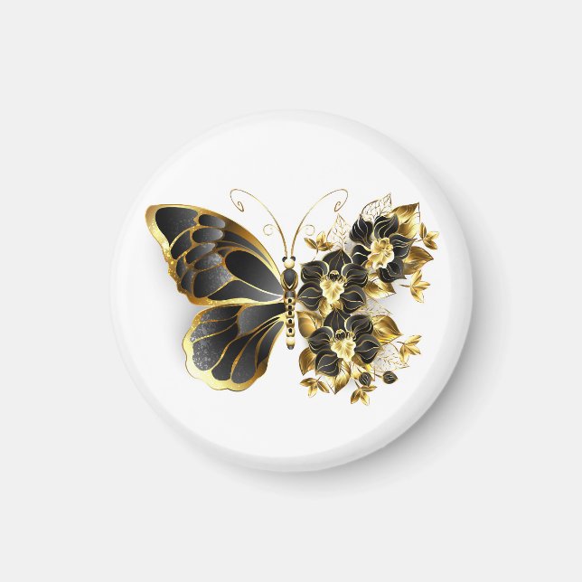 Íman Borboleta Flor Dourada com Orquídea Preta (Frente)