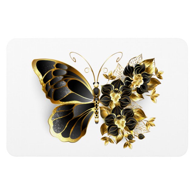 Íman Borboleta Flor Dourada com Orquídea Preta (Horizontal)