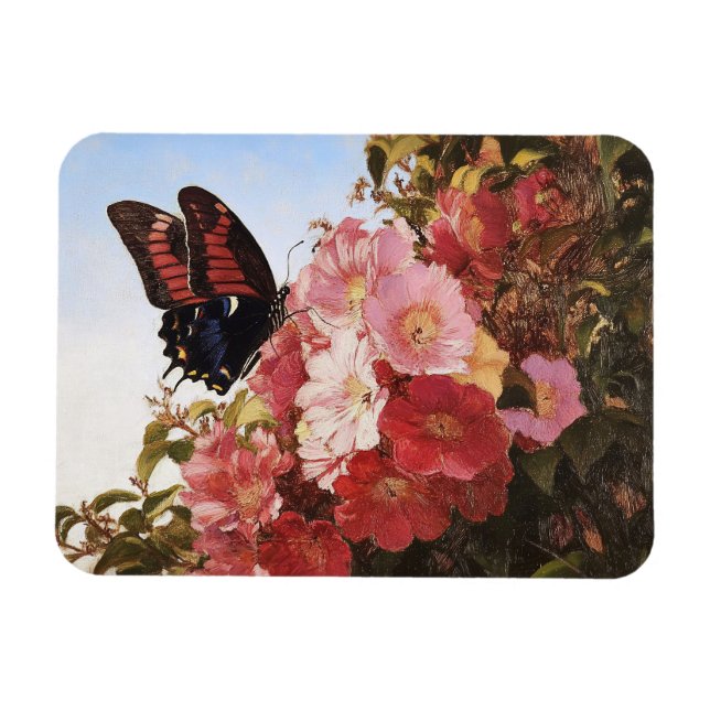 Íman Borboleta Impressionista e Flores Rosa (Horizontal)