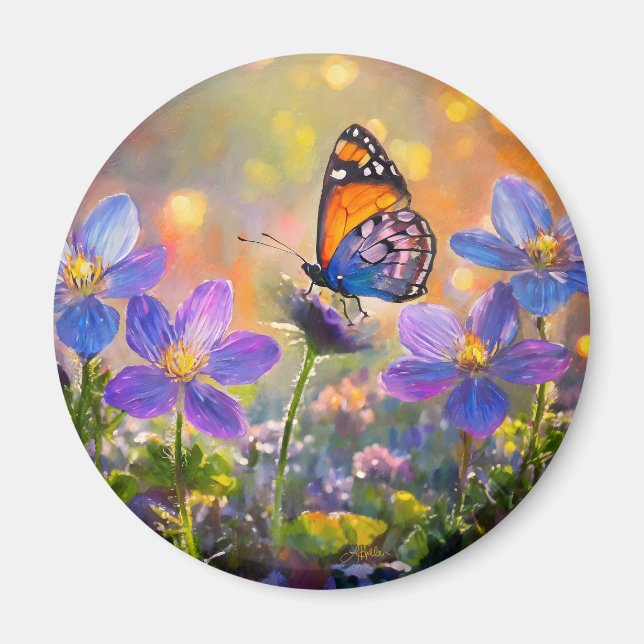 Íman Borboleta Minúscula em Flores Silvestres ao Nascer (Frente)