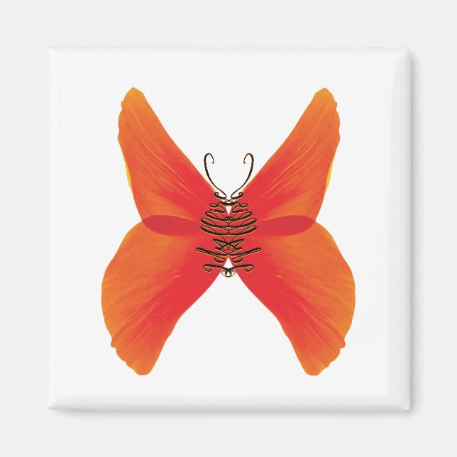 Íman Borboleta Papoula Laranja Vermelho com Seu Nome (Frente)