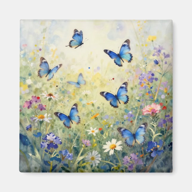 Íman Borboletas Azuis Aquarela Prado de Flores Silvestr (Frente)