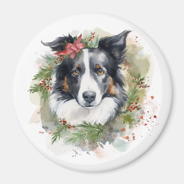 Íman Border Collie Christmas Wreath Festivo Pup (Frente)