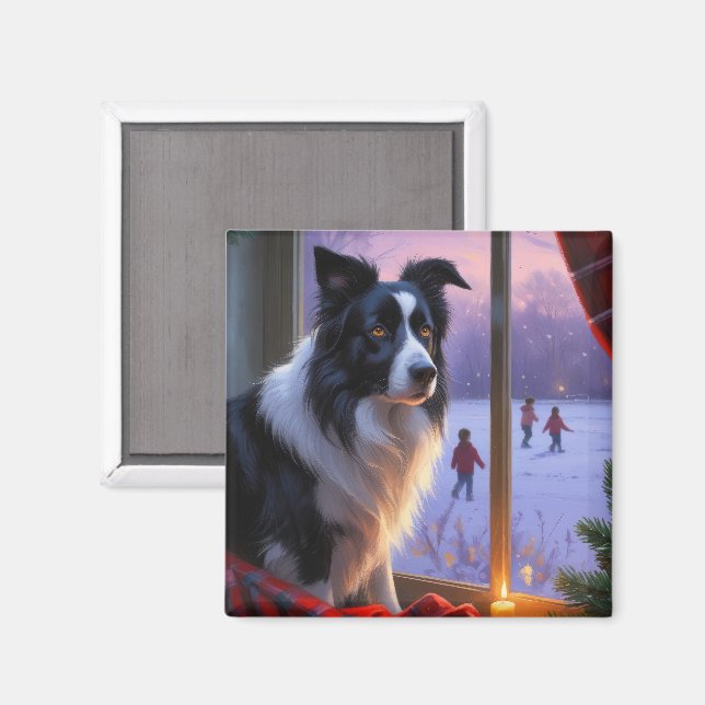 Íman Border Collie Com Luzes De Natal Feriado (Front/Back)