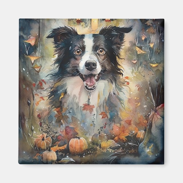 Íman Border Collie de Halloween com Abóboras Assustador (Frente)