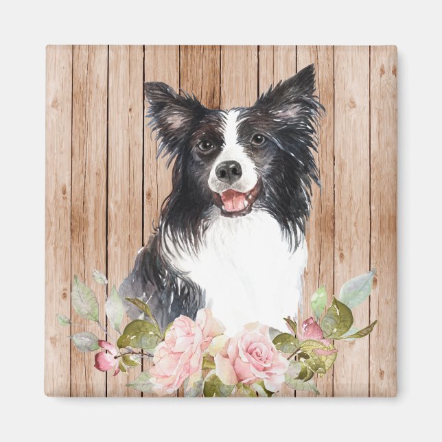 Íman Border Collie & Flores em Aquarela  (Frente)