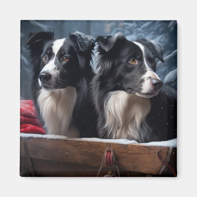 Íman Border Collie Snowy Sleigh Decoração de Natal (Frente)