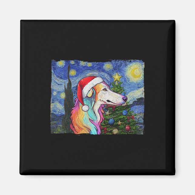 Íman Borzoi Santa Hat Natal Starry Night Dog Art Pa (Frente)