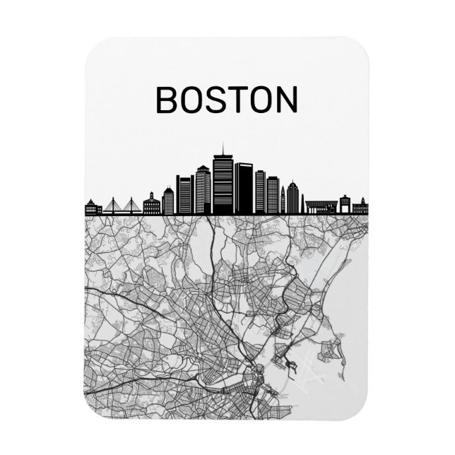 Íman Boston Massachusetts City Skyline com Mapa (Vertical)