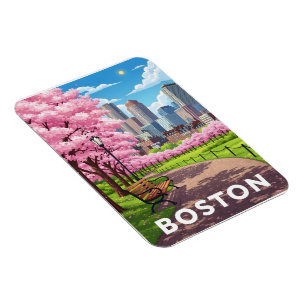 Íman Boston skyline sob florescência de cerejeiras